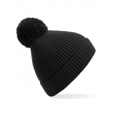 Black Engineered Knit Ribbed Pom Pom Beanie