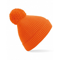 Orange Engineered Knit Ribbed Pom Pom Beanie