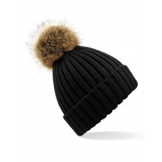 Black Faux Fur Pom Pom Chunky Beanie