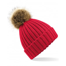 Classic Red Faux Fur Pom Pom Chunky Beanie