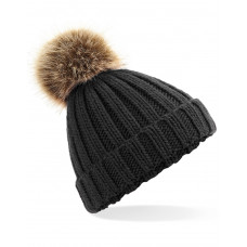 Black Junior Faux Fur Pom Pom Chunky Beanie