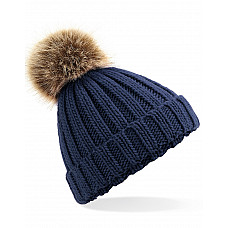 Navy Junior Faux Fur Pom Pom Chunky Beanie