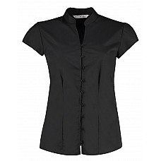 Black Tailored Fit Cap Sleeve Mandarin Collar Blouse