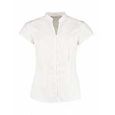 White Tailored Fit Cap Sleeve Mandarin Collar Blouse